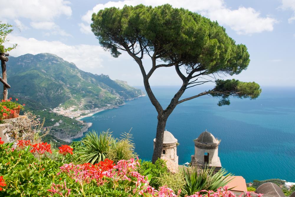 Famous Amalfi Coast view from Villa Rufolo’s gardens in Ravello